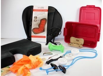 Small Plastic Tote & Heated Seat Cushion, Neck Cushion, Shoulder Mobility Cord, 3 Lights, Stretch Bands