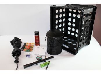Black Plastic Crate With Gun Scope And Miscellaneous, Umbrella, Car Trash Can, 2 Emer. House Lights