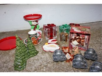 Christmas Decor-3 Glass Boxes, Ceramic Trees, Candle Holder, Miscellaneous