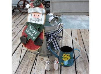 Miscellaneous Decor Lot - Galvanized Bucket, Christmas Stand, Angels, Plant Can