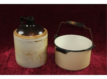 Antique Enameled Pan With Handle And Old Two-tone Whiskey Crock Jug