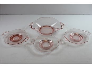 Pink Depression Glass-bowl With Handles And Three Octagon Plates With Handles