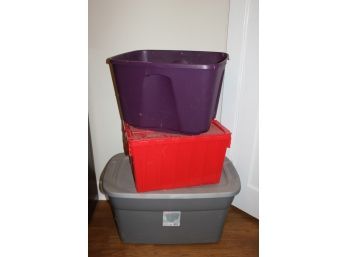 3 Totes-gray 30 Gal, Red Folding Lid, Purple Missing Lid