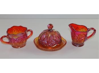 4 Piece Indiana Carnival Glass Heirloom Iridescent Red Sunset, Large Sugar & Creamer, Covered Butter Dish