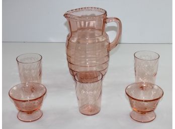 Depression Pink Glass-pitcher, 3-four Inch Glasses, 2 Sherbert
