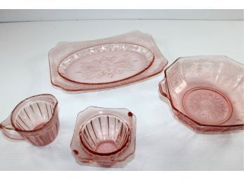 Depression Pink Glass-platter, Bowl, Sugar And Creamer-slight Crack