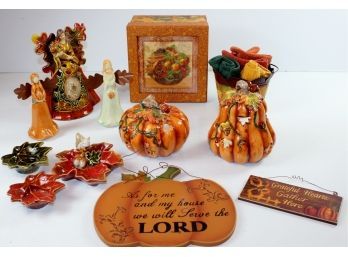 Fall Lot# 1-decorative Boy, Two Wall Plaques, Tin With Cloths, Several Ceramic Items