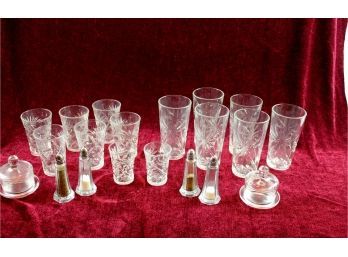 Clear Glasses - 6 Large-one Chipped-6 Medium, 2 Small, 2 Salt And Pepper, 2 Butter Holders-one Chipped
