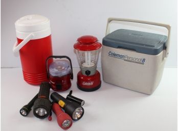 Coleman Personal 8, Red Igloo 1 Gal, Two Lanterns And 4 Flashlights