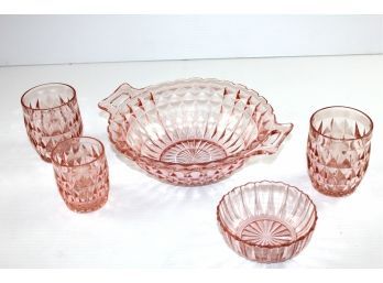 Vintage Jeanette Windsor Glass-10in Bowl, Small Bowl, Three Glasses