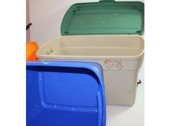 2 Totes-largest Has Small Crack On Lid, Rubbermaid 30 X 18 X 17 Tall And Smaller Sterilite