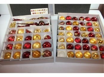2 Divided Boxes Full Of Gold And Red Christmas Bulbs With Tree Topper