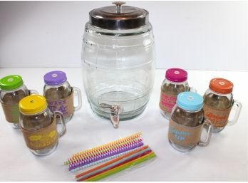 3.3 Gallon Glass Beverage Dispenser And 24 Oz Mason Drinking Jars With Straws