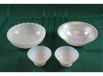 White Dishes, Two Small Pedal Ware Bowls, 8 In Federal Glass Opalescent Carnival Serving Bowl