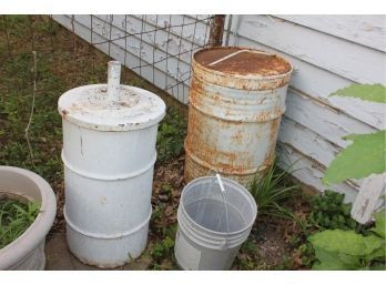 Two Metal Barrels With Lids And Five Gallon Bucket