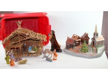 Red Tote With Lid, Wooden Nativity With Plastic Figurines, Ceramic Lighted Tree With Four Buildings