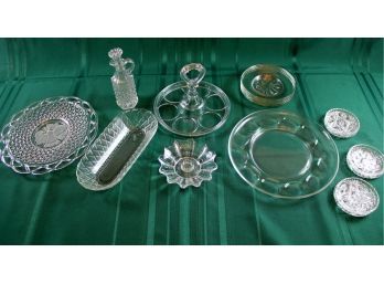 Glass Lot-2 Serving Plates, Cruet, 1 Candlestick, Cracker Barrel, 6 Small Plates, 4 Dessert Plates, Glass Cadd