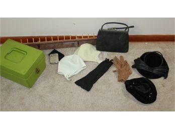 Sewing Box, Spool Rack, Vintage Swim Caps, Two Hats, One Purse, Gloves, Lighter From Occupied Japan