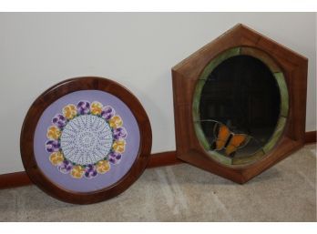 2 Hanging Wall Decor-homemade Butterfly Mirror 24 X 26-wood & Stained Glass, Framed Doily Under Glass