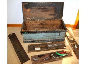 Wood Tool Trunk 33.5 X 15 X 13.5 Tall-some Vintage Tools, Four Divided Trays Go Inside
