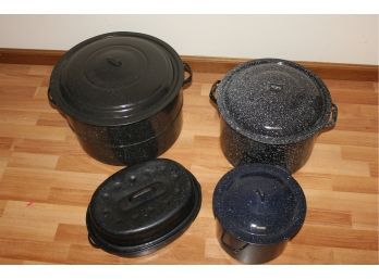 4 Enameled Pans W/lids-largest Is 16' D, All Are Rough Inside Except Largest