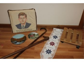 Random Lot-plant Stand, Canes, 2 Painted Saw Blades, Cross Stitch Kennedy Pillow