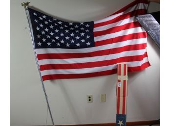 2 U.s. Flags On Poles-one Has Broken Eagle - Older One Is Missing Bottom Of Pole And Small Tear