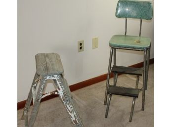 Step Stool And Small Step Stool Made By Virtue Manufacturing-seat Has Tear -  22.5 In Tall