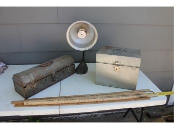 Yardsticks, Toolbox, File Box, Antique Heater Needs Electrical Cord