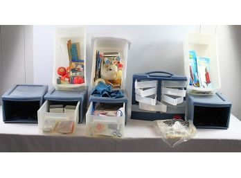 5 Blue Containers With Sewing And Crafting Supplies