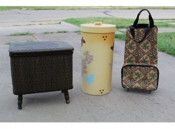 Brown Sewing Bench, Clothes Hamper, Traveling Tote On Wheels