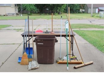 Mops And Brooms, Dust Pans, 4 Yardsticks-1 Is 4 Ft, Brown Trash Can