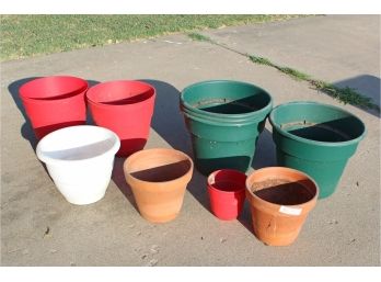 Planters, 4 Green, 4 Red, Two Terracotta, One White