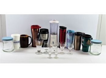 Assortment Of Travel Mugs, Coffee, Large Mug, Small Glass Stemware, Hamilton Beach Blender
