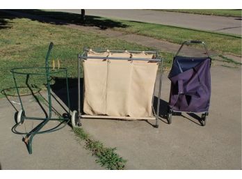 Green Trash Bag Cart, Three Compartment Clothes Hamper, Blue Bag Pull Cart