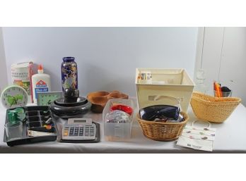Miscellaneous Lot, Wood Fruit Bowl, Blue Vase, Apple Clock, Calculator