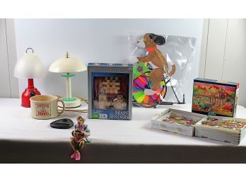 Two Lamps, Fartless Bowl, Mindbender Games, Puzzle Flats, Grandma Figurine