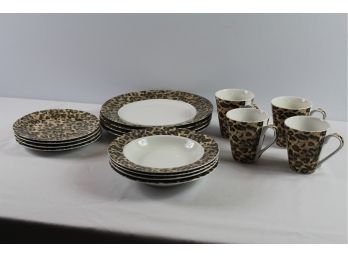 Four Piece Set Of Tienshan Fine China (leopard) Dinner Plates, Salad Bowls, Dessert Plates, Mugs