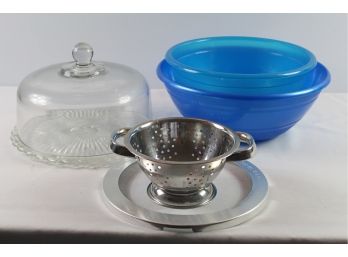 Glass Cake Display With Lid, Small Strainer, Pie Crust Shield, Two Blue Bowls