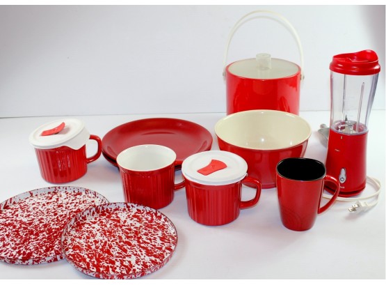 Fun Red Kitchen-ice Bucket, 2 Plates, Large Bowl, Coffee Cup, Hamilton Beach 14 Oz Mixer, 3 Large Soup Cups