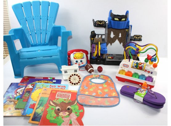 Kids Lot-color Books, Small Plastic Chair, Viewmaster Fisher-Price Phone, Little Tikes Musical Toy