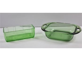 2 Green Glass-rectangle Is Uranium Glass 8 Inch Square Has Handles