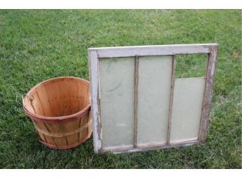 Wooden Basket And Old Window Frame 30 X 27 With Broken Glass