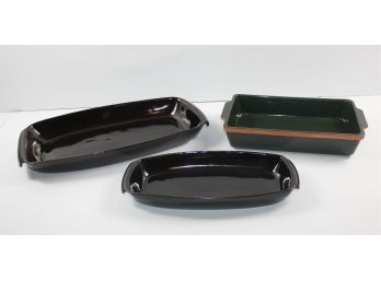2 Frankoma Pieces-green Casserole, Two Black Serving Trays 5 Q   & 5 P