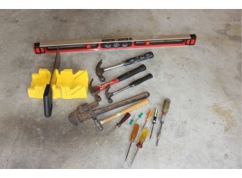 Tools-level, Hammers, Miter Box, Saw, 18 Inch Wrench