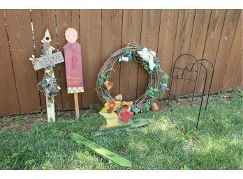 Outdoor Decor-wreath, Wood Items, Small Metal Plant Items