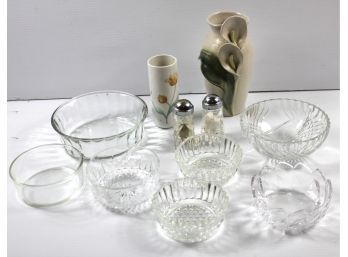 Two Vases, Multiple Glass Serving Dishes, Salt And Pepper