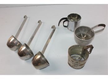 Three Sifters From Different Time Periods, Three Metal Liquid Scoops-4 Oz