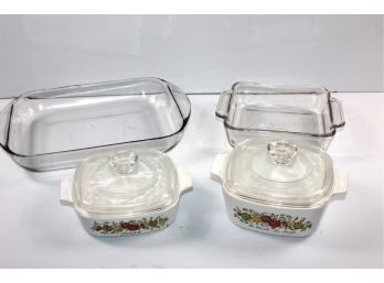 Two Covered Vintage Spice Corning, 11 X 13 Glass And Eight Inch Square Anchor Hocking