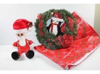 Penguin Wreath With Flower Pot Santa And Plastic Tablecloth